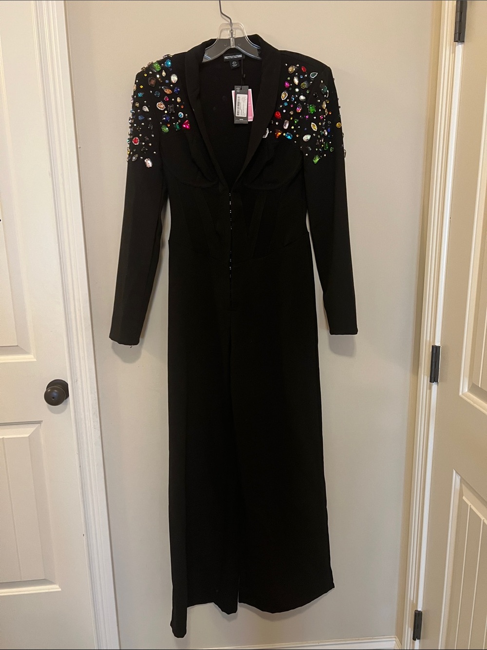 PrettyLittleThing Black Long-Sleeve Jeweled Shoulder Jumpsuit